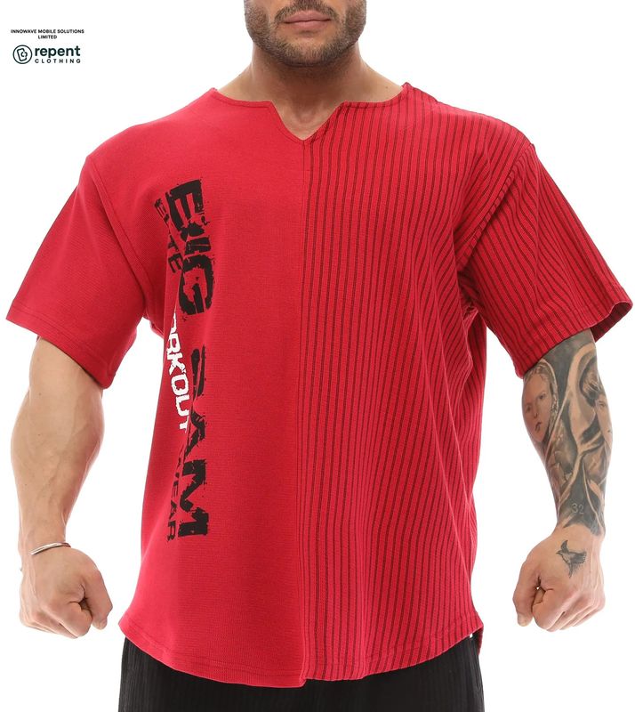 BIG SAM: "ELITE" ASYMMETRIC RIBBED SPLIT TEE - RED