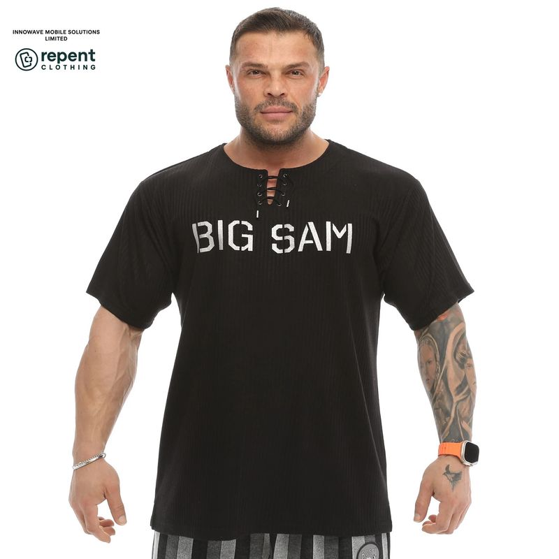 BIG SAM: HEAVY DUTY LACE-UP RIBBED TEE - BLACK
