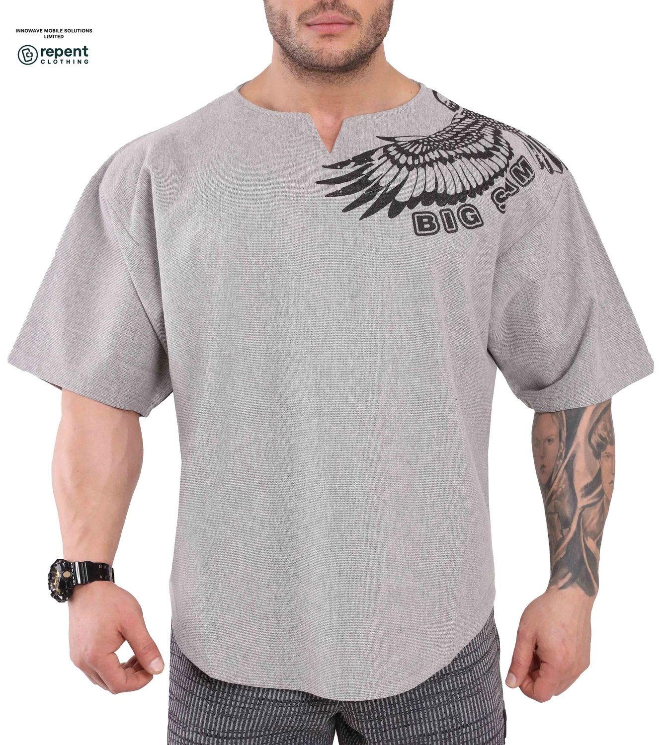 BIG SAM: "SKY KING" EAGLE WING SPLIT-NECK TEE - GREY