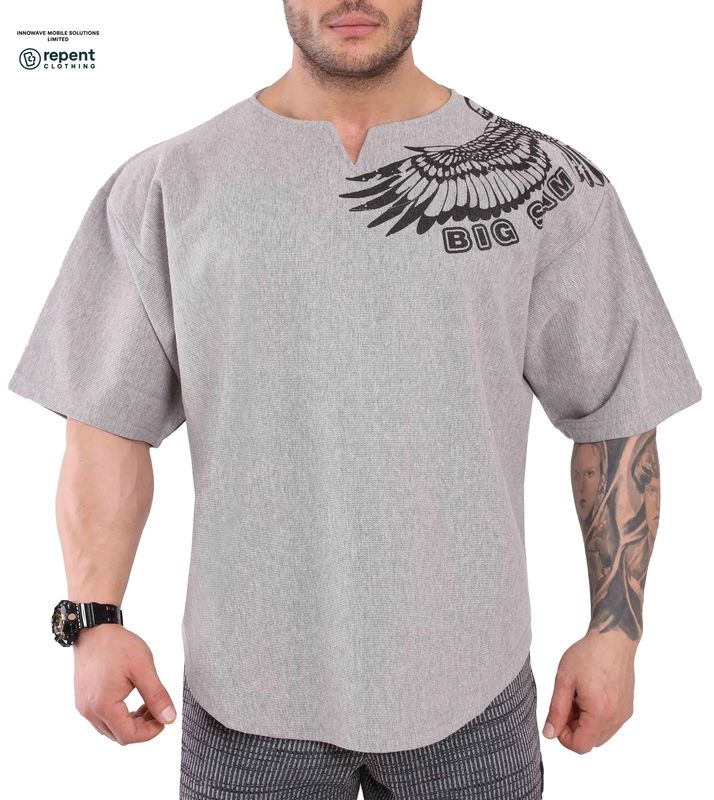BIG SAM: "SKY KING" EAGLE WING SPLIT-NECK TEE - GREY