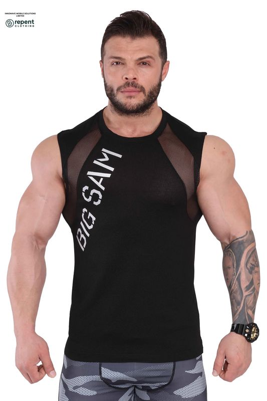 BIG SAM: "VENTILATOR" MESH PANEL MUSCLE TANK - BLACK