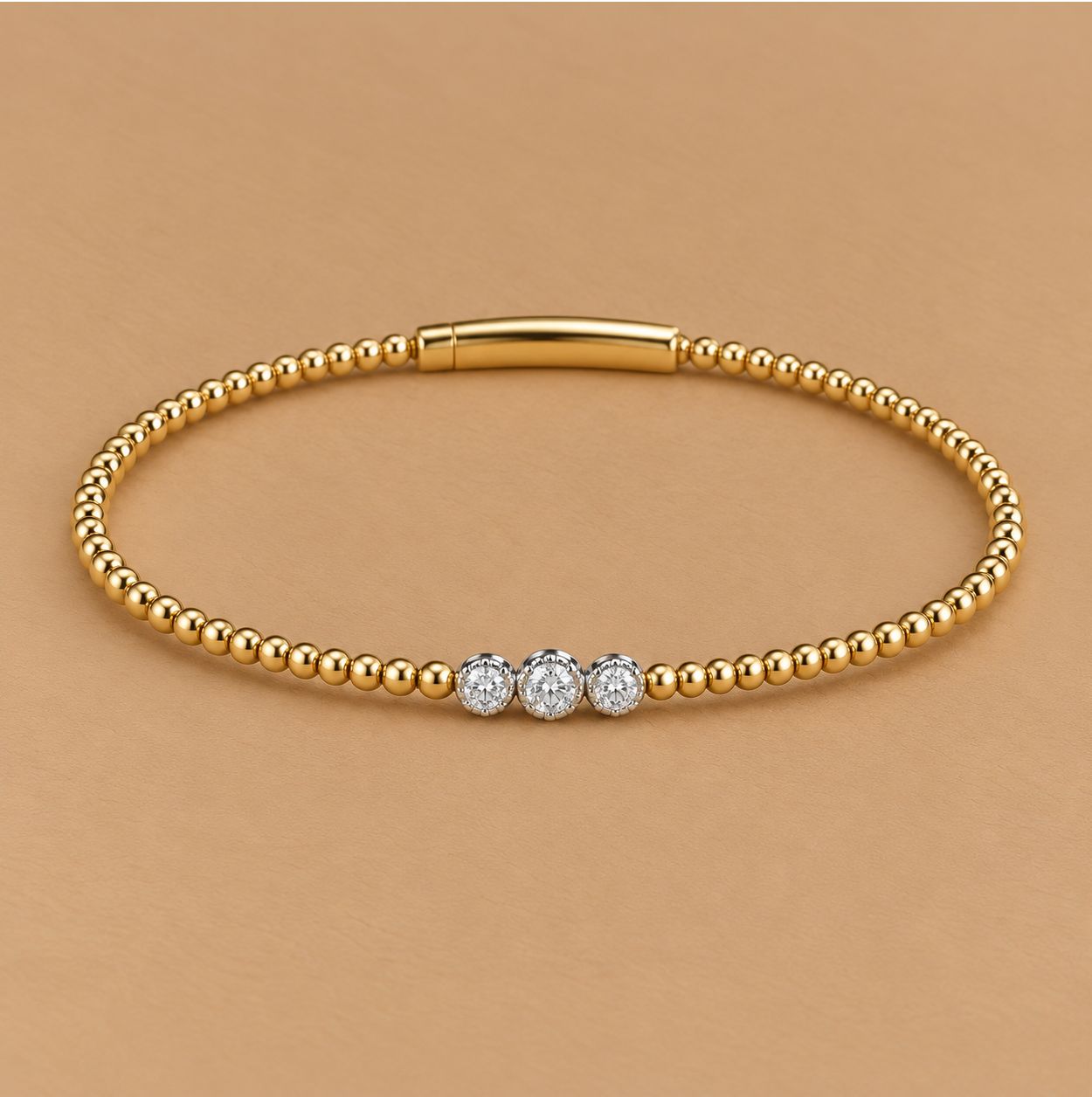 Gold 3-Stone Diamond Beaded Bangle
