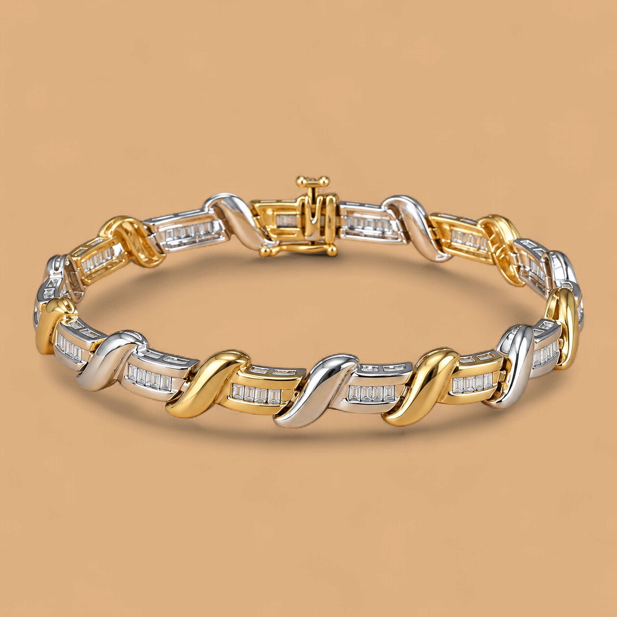 Two-Tone Gold X-Link Diamond Baguette Tennis Bracelet (10.8g)