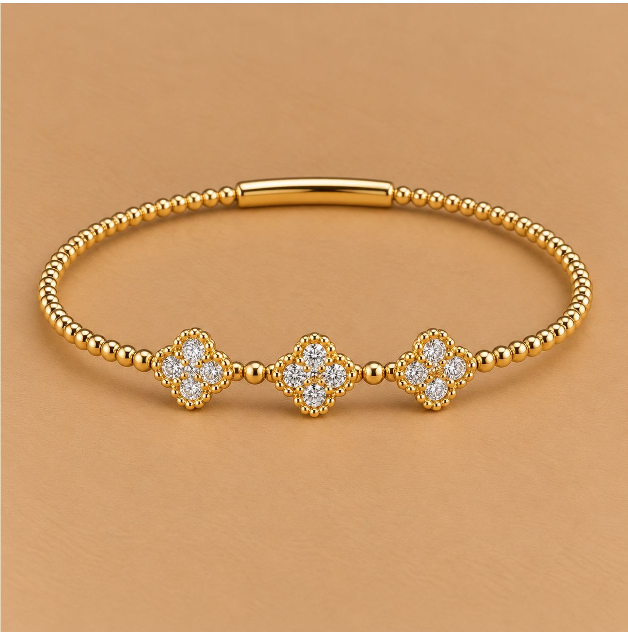 Gold Clover Beaded Diamond Flexible Bangle