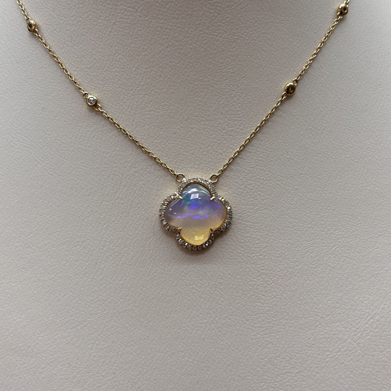 14KY Opal (0.33ct) &amp; Diamond (0.06tdw) Fleur Pendant