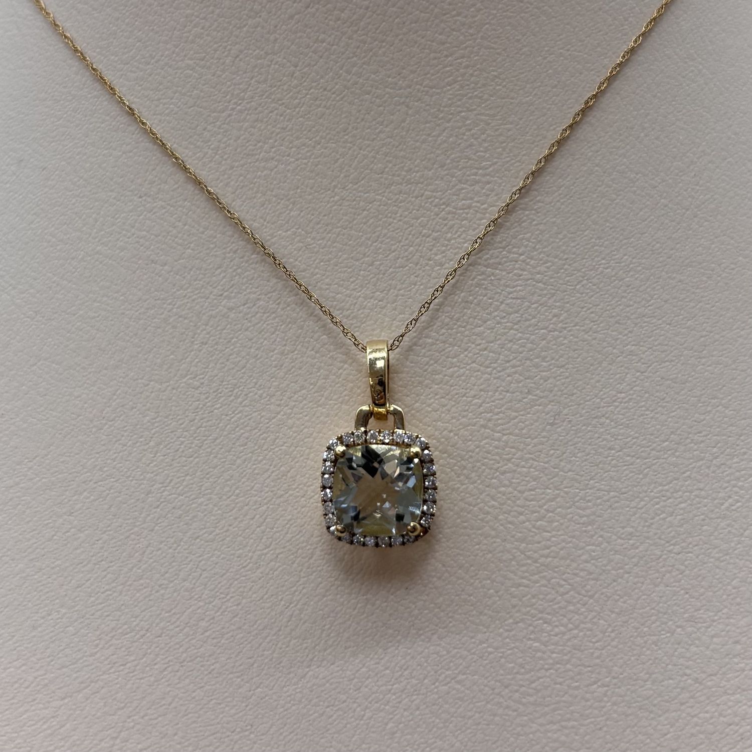 14KY Aquamarine/Diamond Cushion Cut Pendant