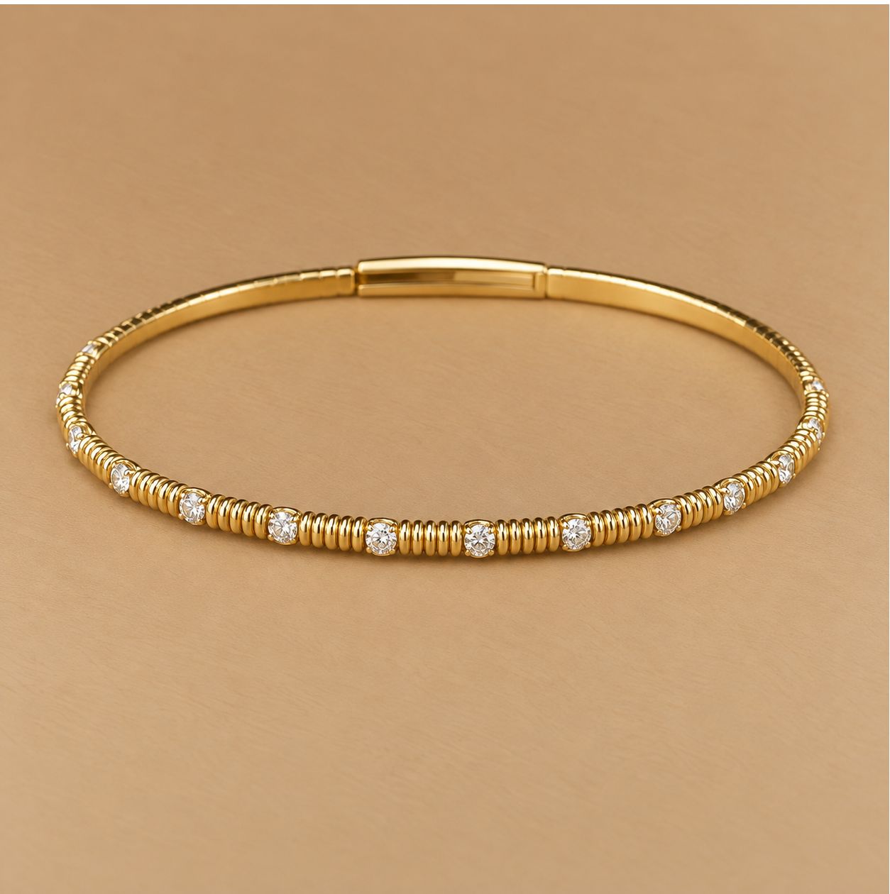 Gold Ribbed Flexible Diamond Bangle
