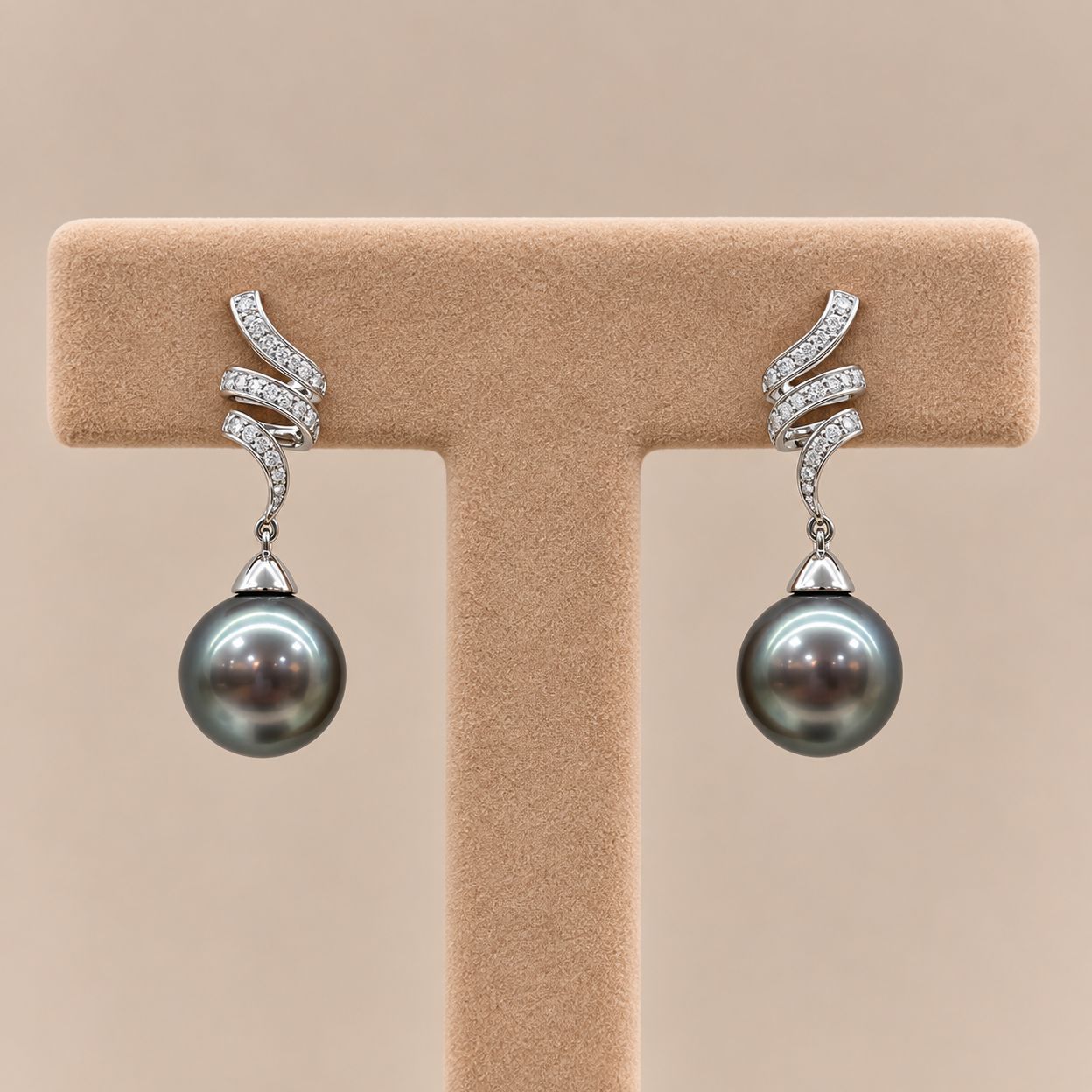 Diamond Ribbon Dangle Tahitian Pearl Earrings