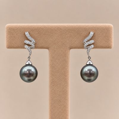 Diamond Ribbon Dangle Tahitian Pearl Earrings