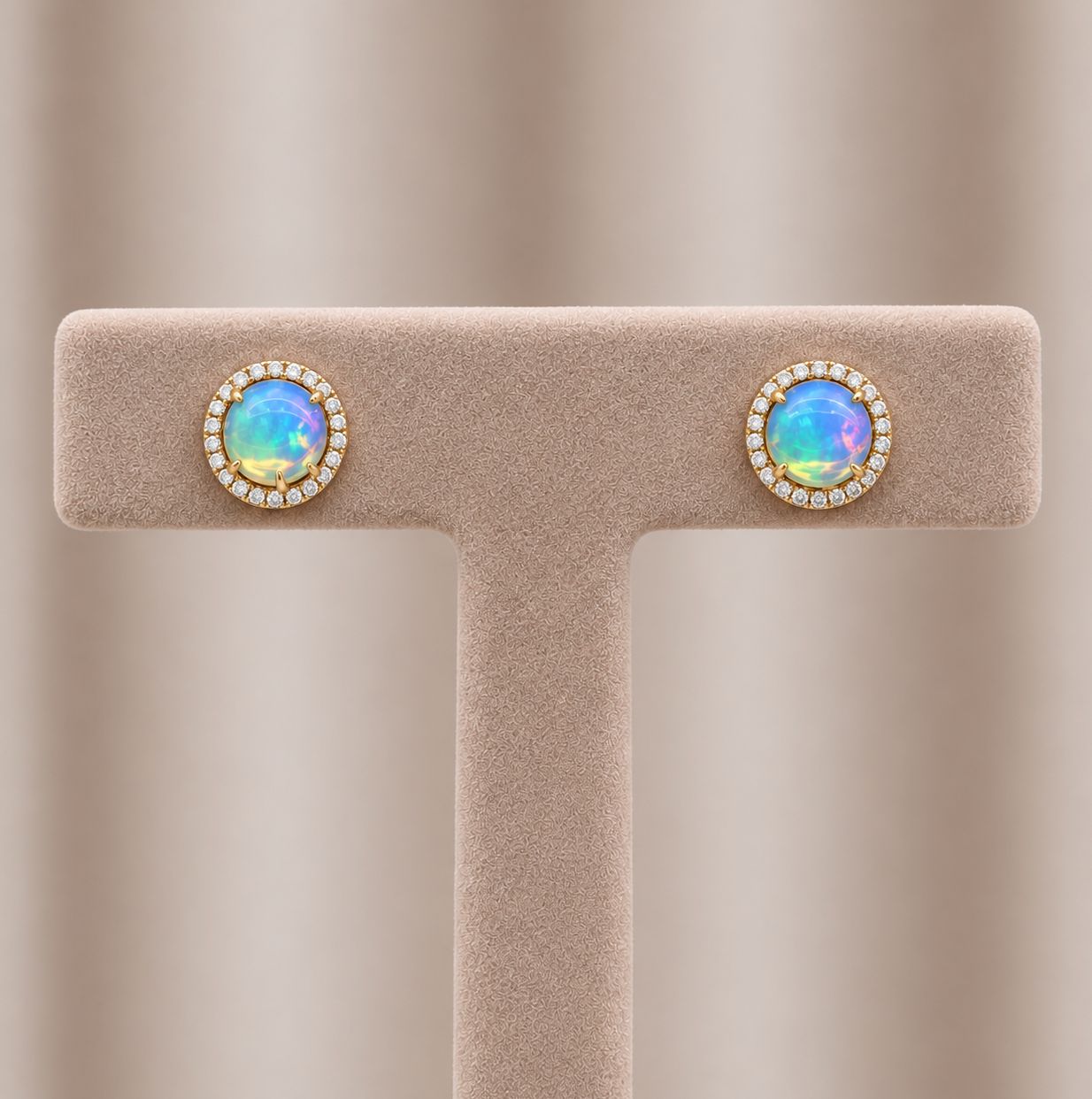 9mm Round Opal Diamond Halo Earrings