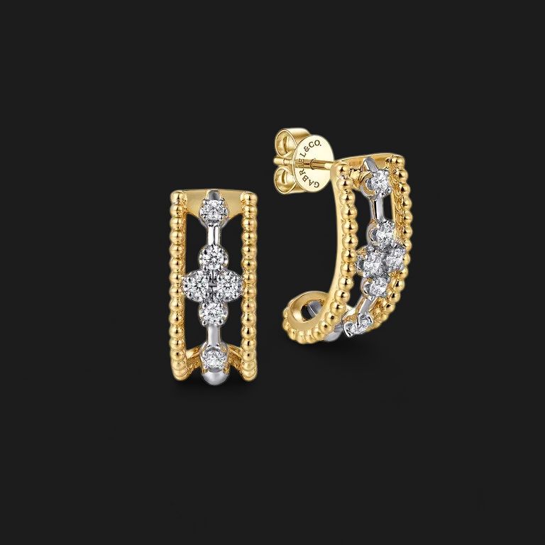 14K White and Yellow Gold Diamond J Hoop Earrings-Bujukan