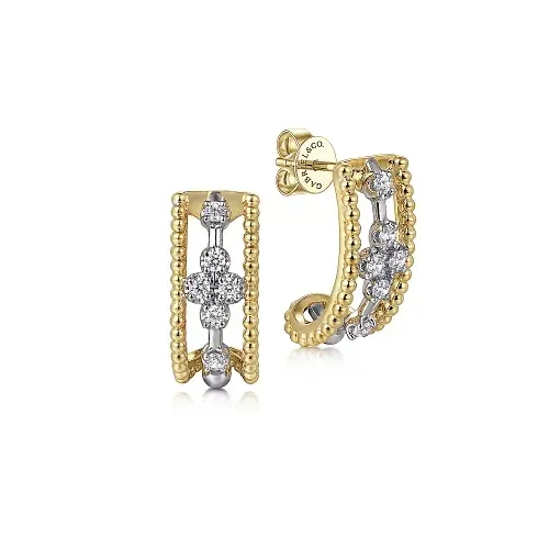 14K White and Yellow Gold Diamond J Hoop Earrings-Bujukan