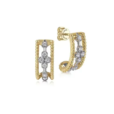 14K White and Yellow Gold Diamond J Hoop Earrings-Bujukan
