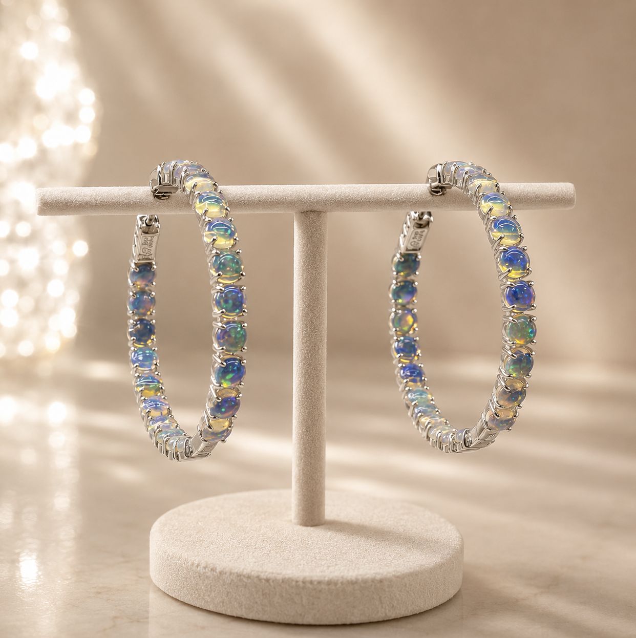 White Gold Prismatic Opal Hoop Earrings