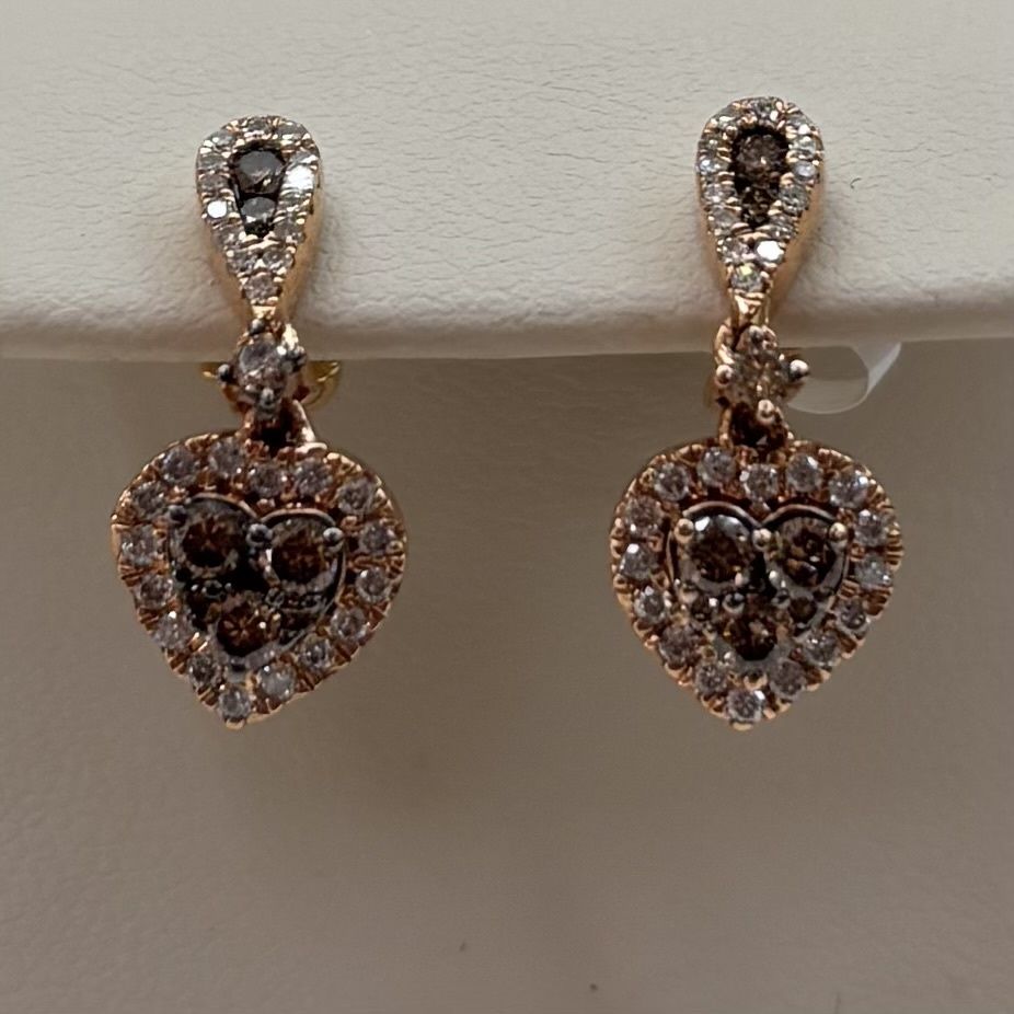 14KR Chocolate/White Diamond Heart Dangle Earrings