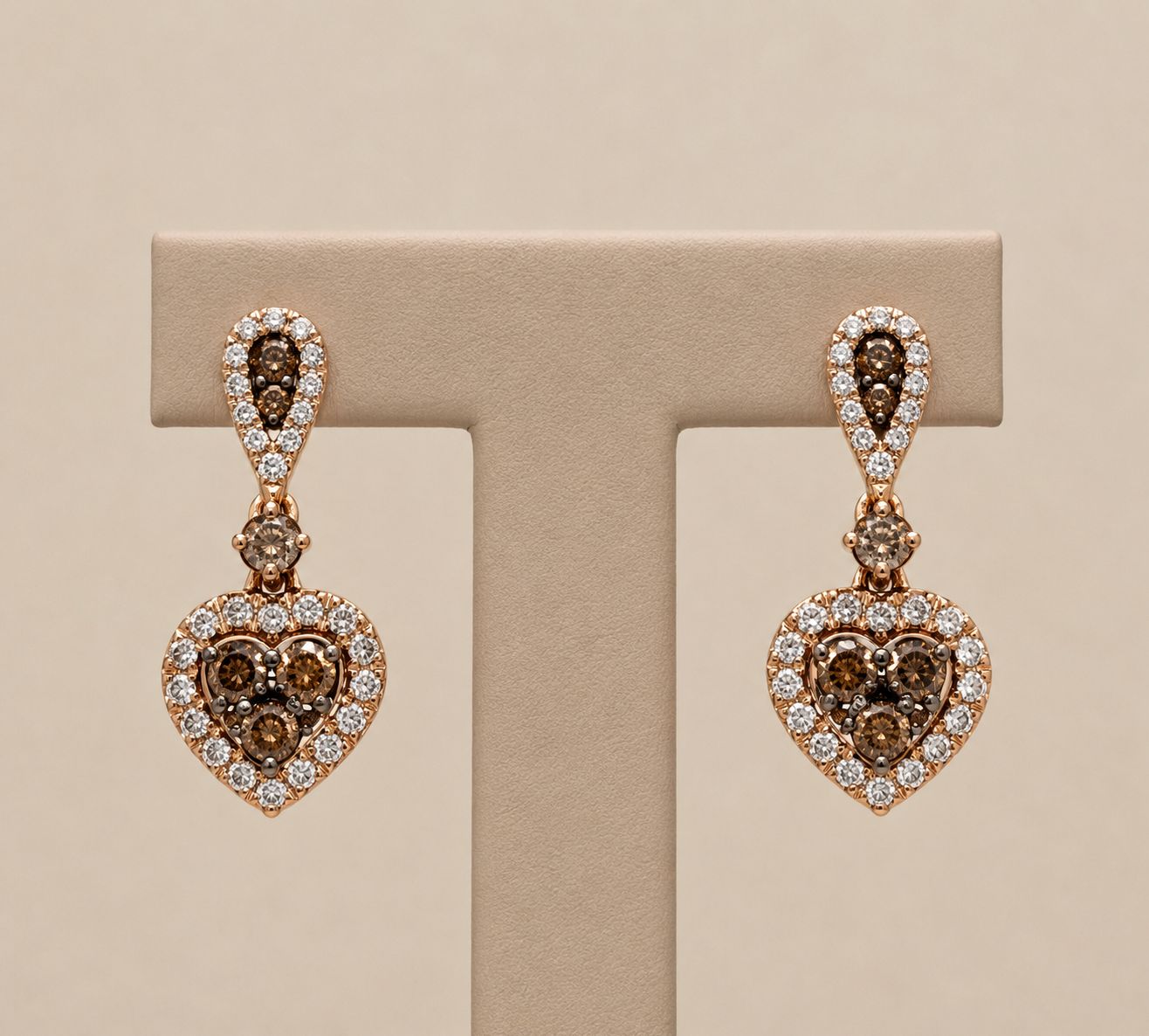 Chocolate and White Diamond Heart Dangle Earrings