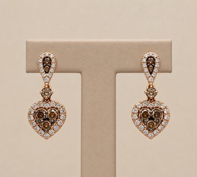 Chocolate and White Diamond Heart Dangle Earrings