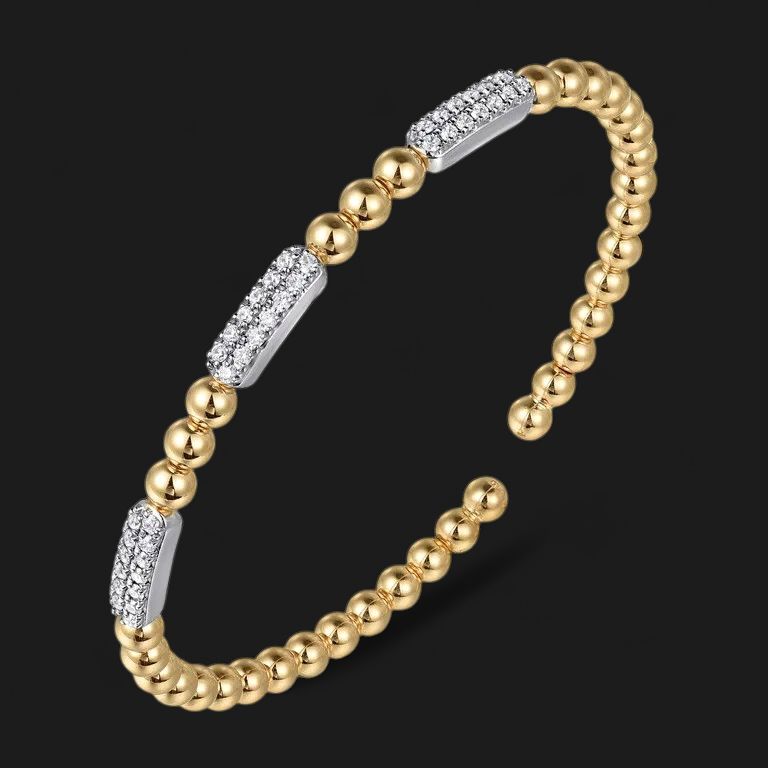 14K White and Yellow Gold Diamond Pave 3 Station Bar  Beads Split Bangle-Bujukan