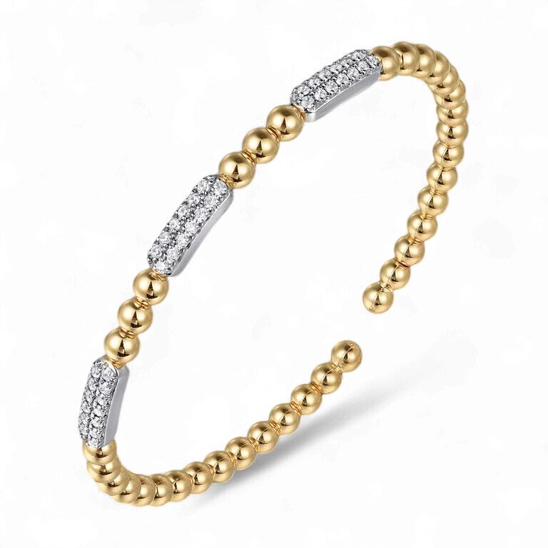 14K White and Yellow Gold Diamond Pave 3 Station Bar  Beads Split Bangle-Bujukan
