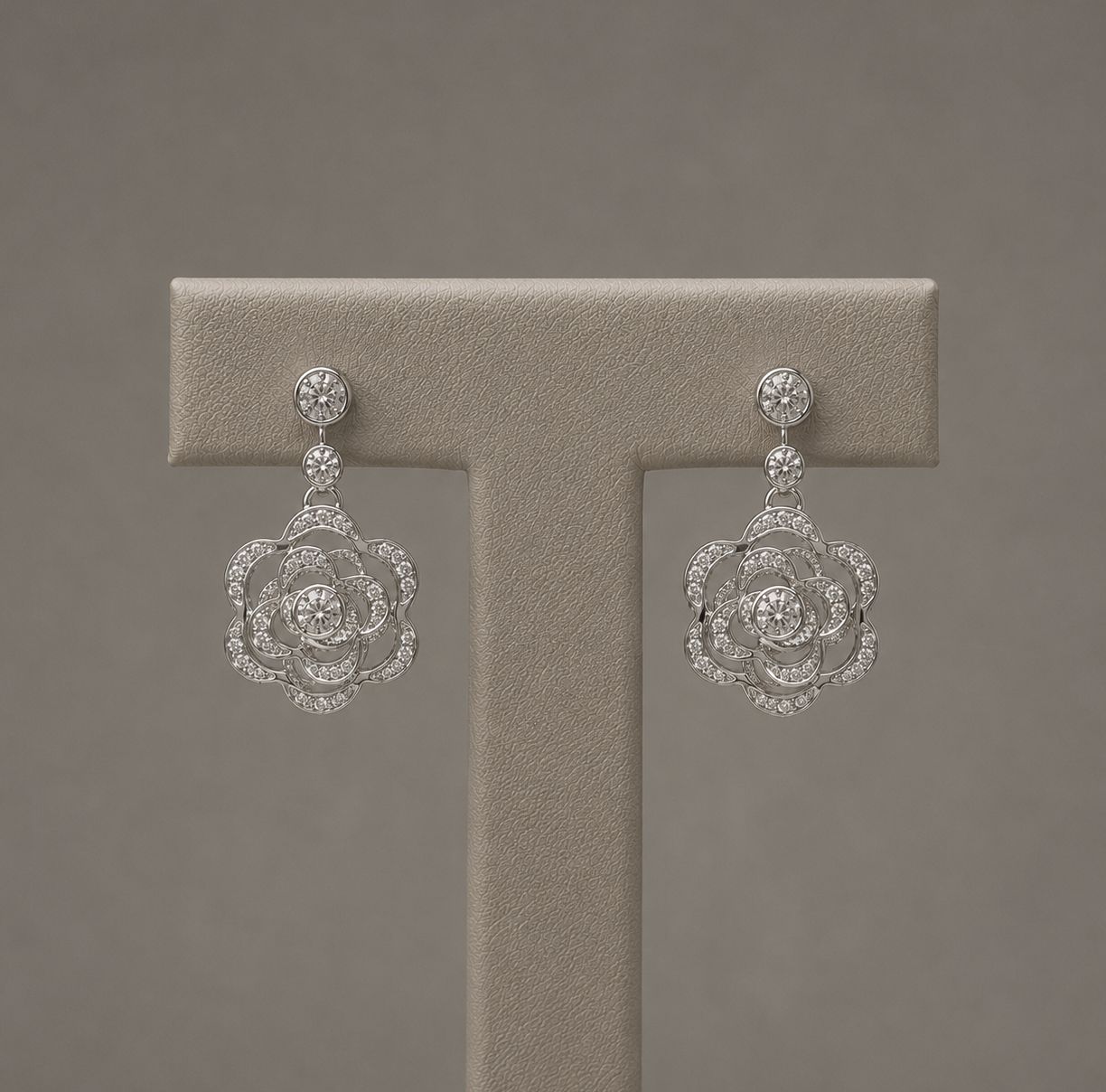 18KW Diamond Flower Dangle Earrings