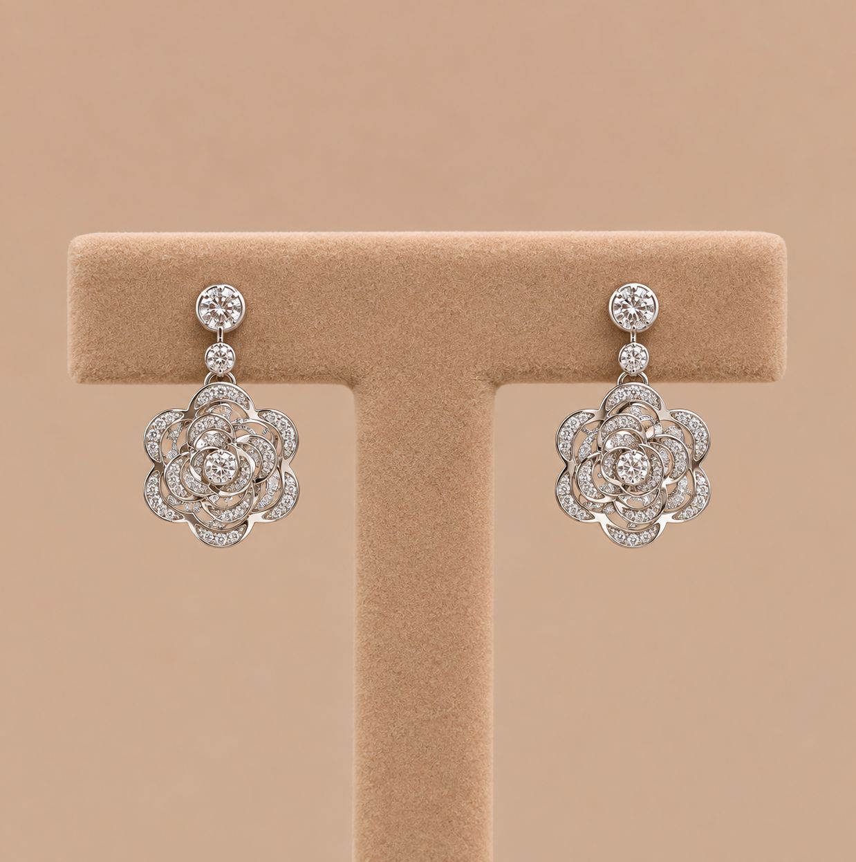 Diamond Encrusted Flower Dangle Earrings