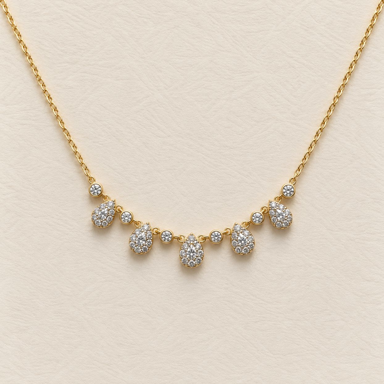 Gold Multi-Drop Pear Diamond Fringe Station Necklace