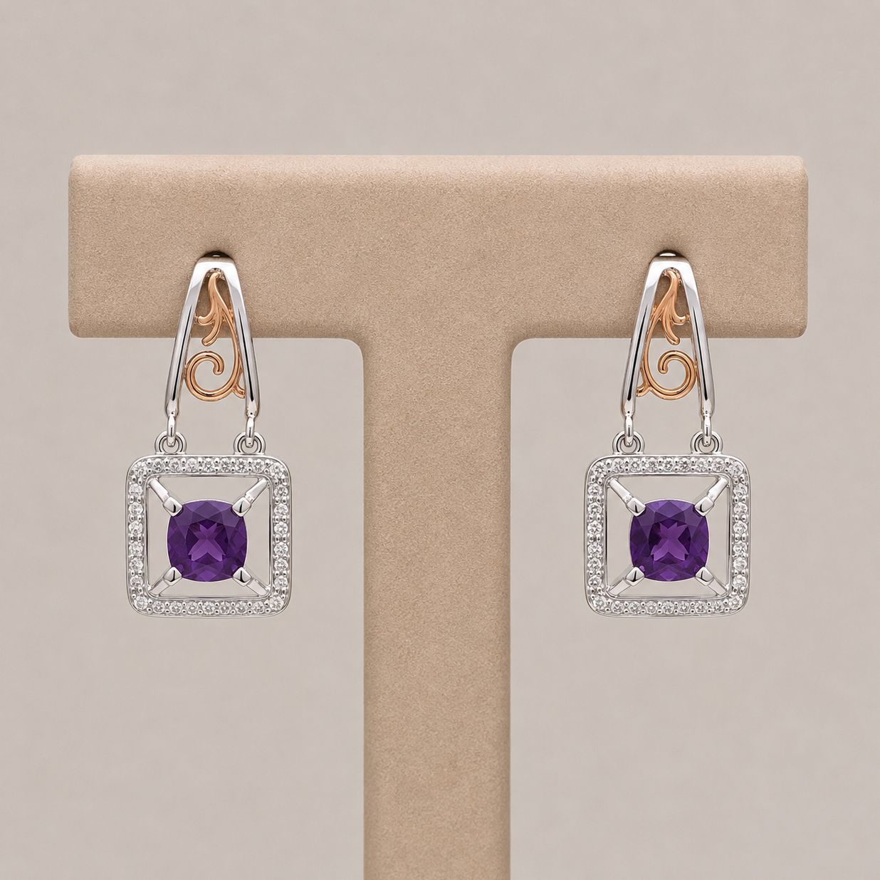 Mixed Metal Square Amethyst Diamond Halo Earrings