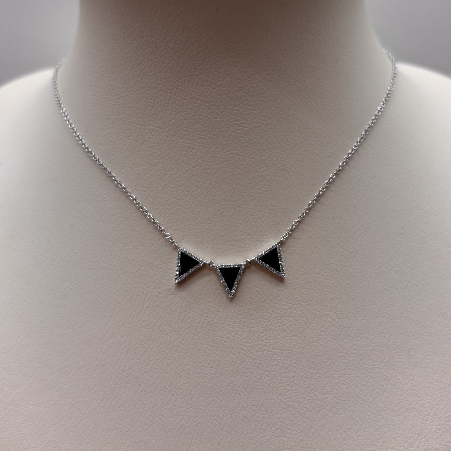 14KW Black Agate &amp; Diamond Triple Triangle Necklace
