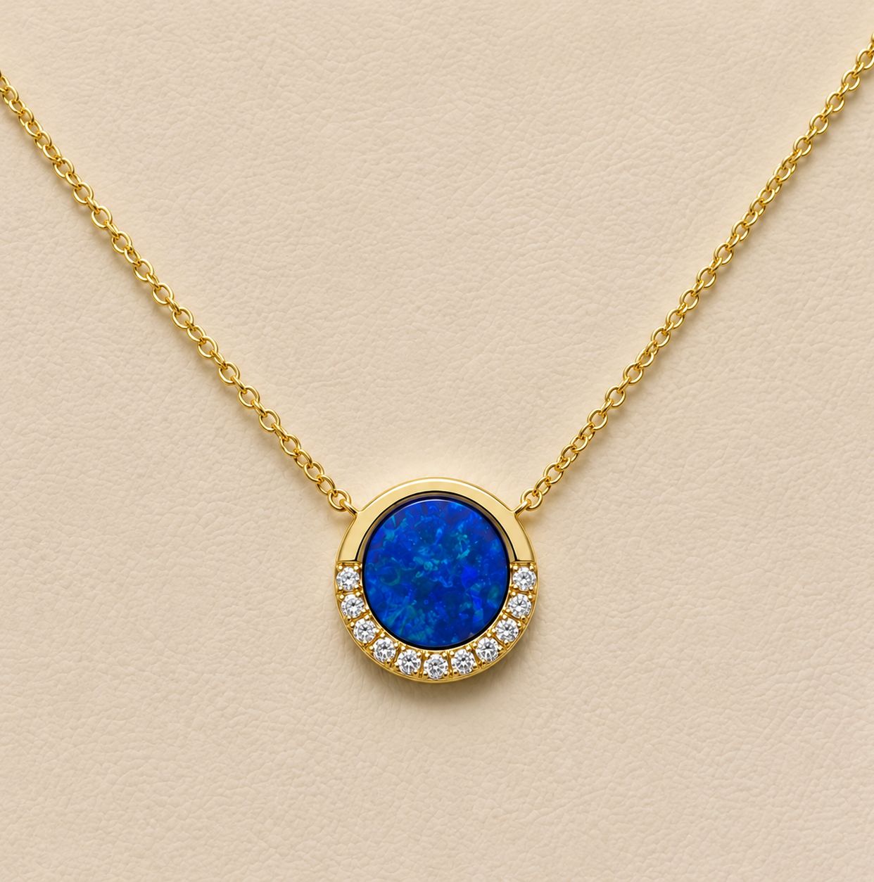 Gold Blue Opal and Diamond Crescent Pendant