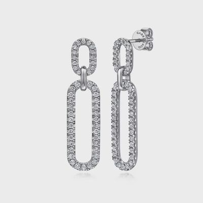 14K White Gold Diamond Link Chain Drop Earrings
