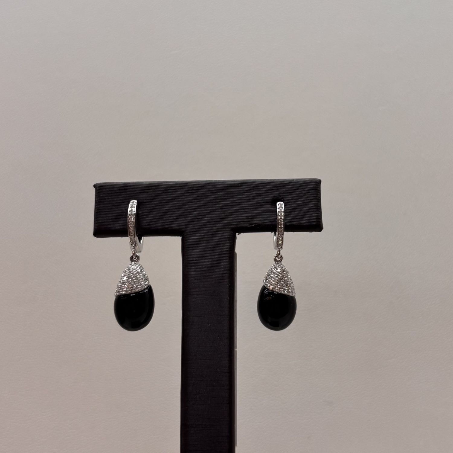14KW Black Onyx Pave Diamond Tear Drop Earrings