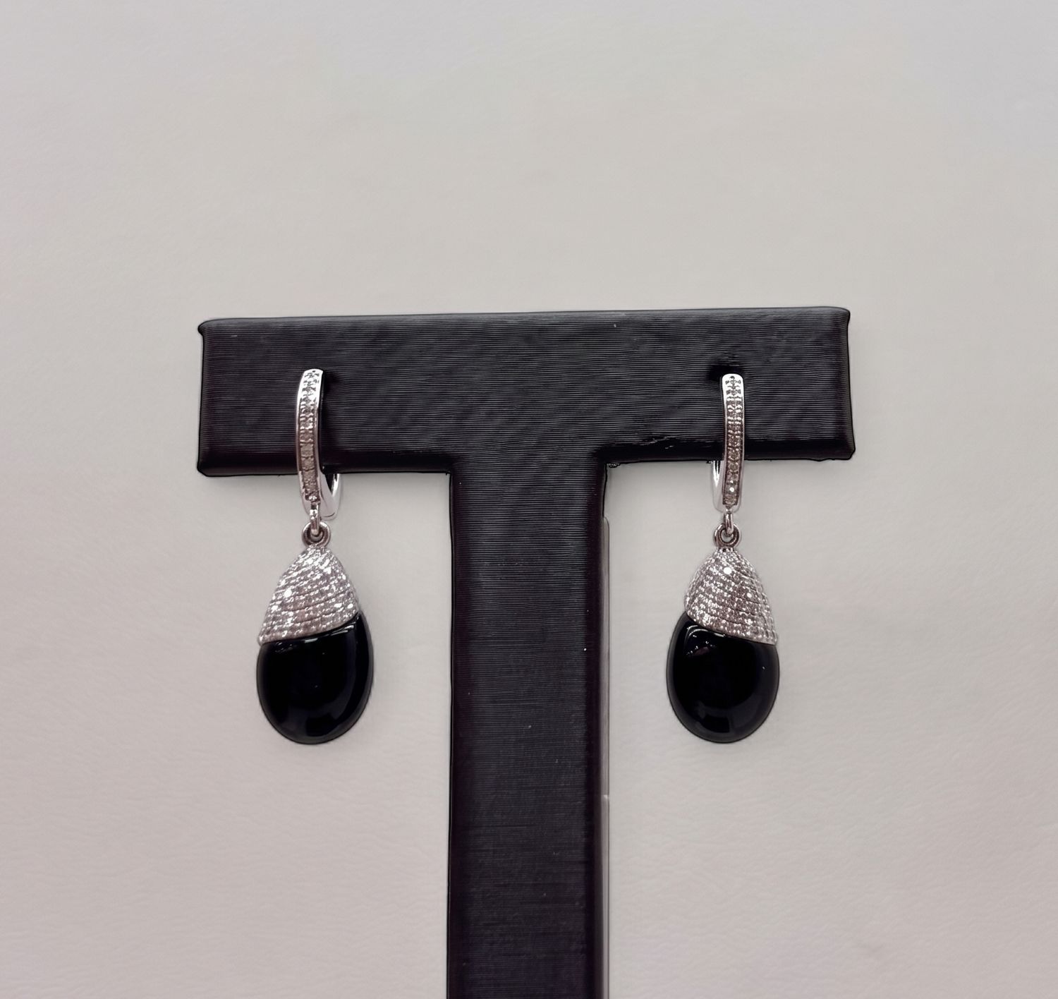 14KW Black Onyx Pave Diamond Tear Drop Earrings