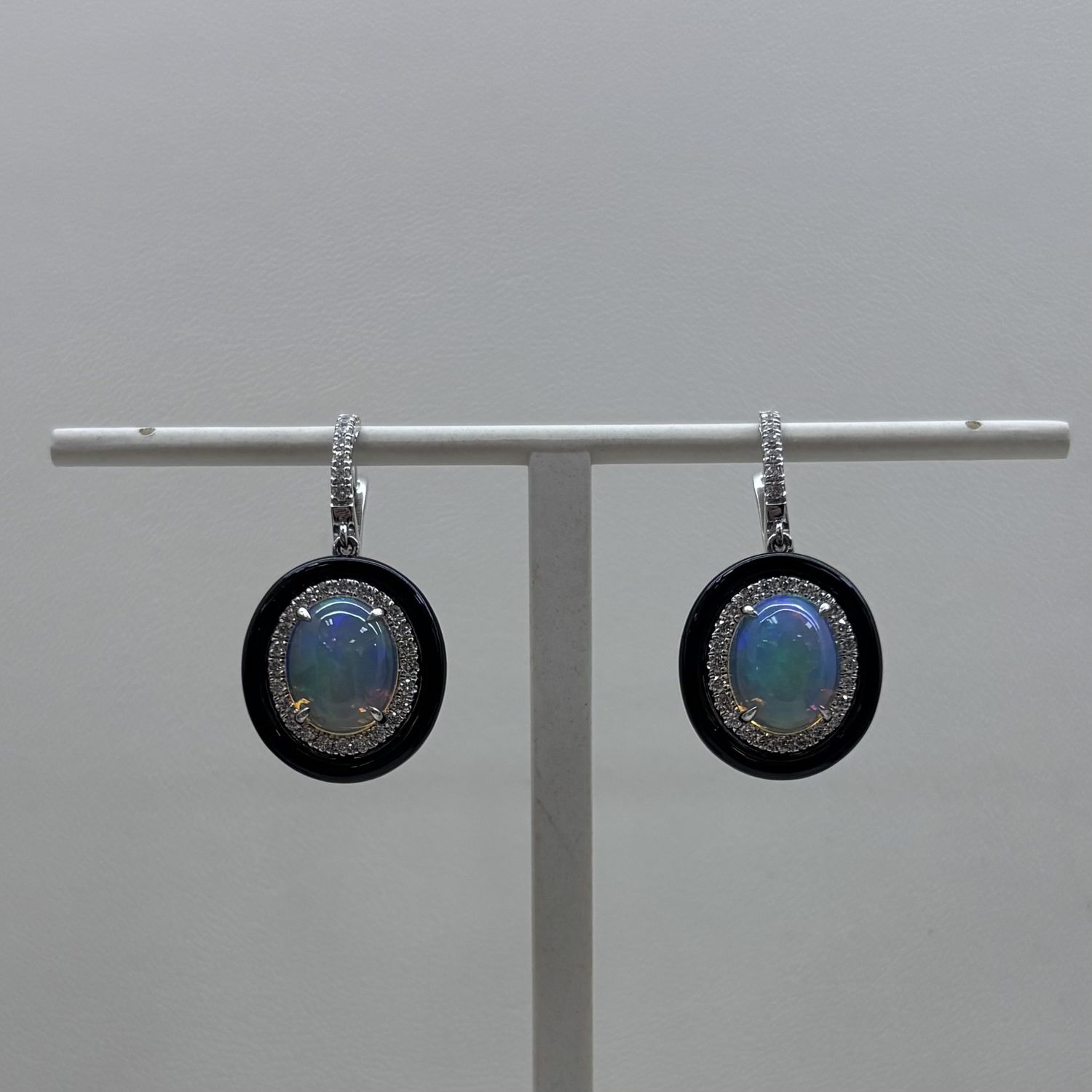 14KW Oval Opal Diamond w/ Black Frame Dangle Earrings David Kord