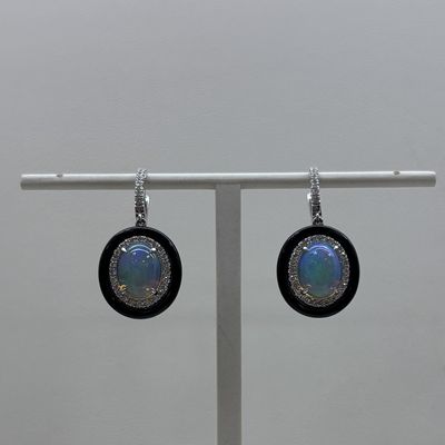 14KW Oval Opal Diamond w/ Black Frame Dangle Earrings David Kord