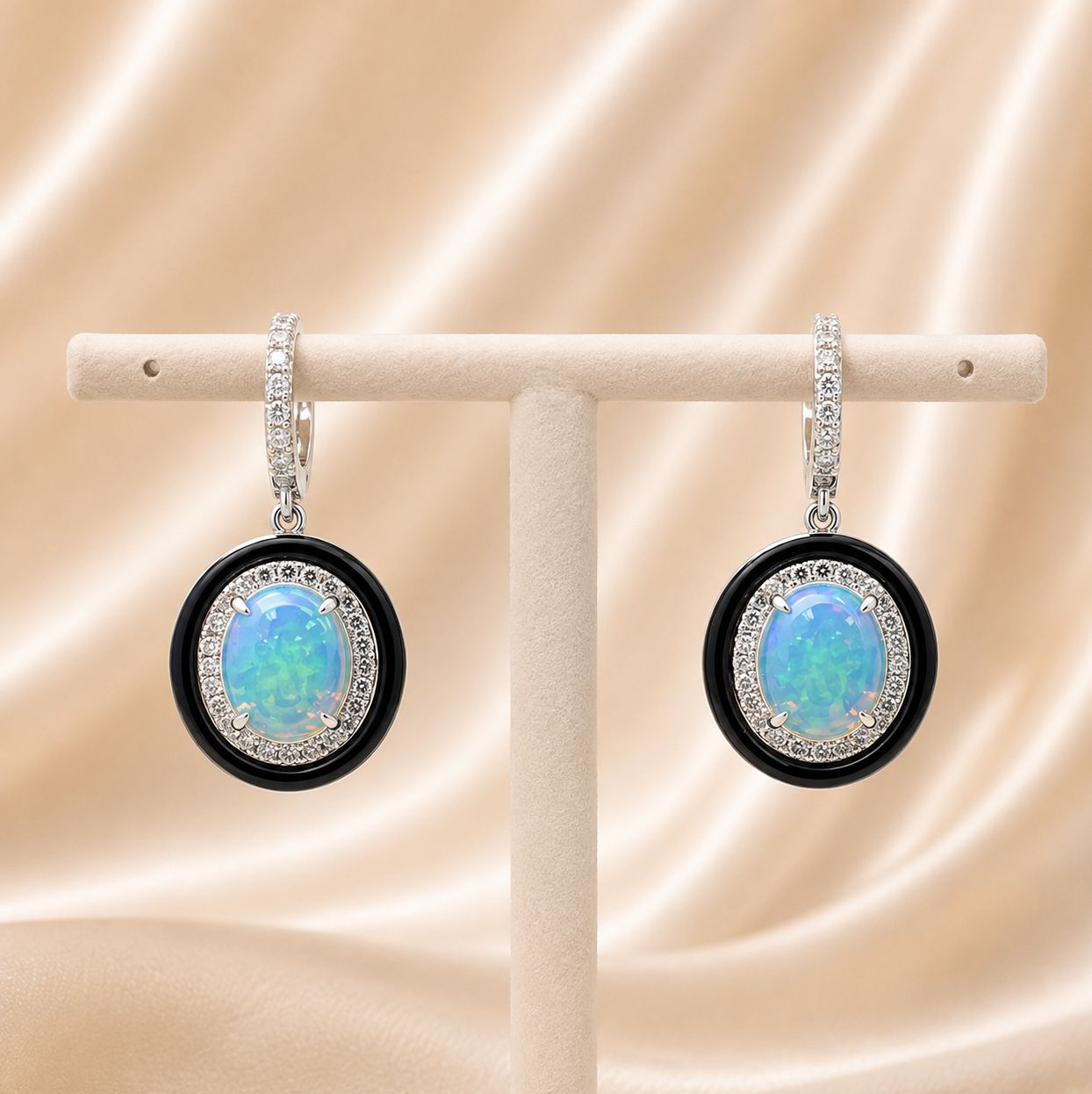 Oval Opal Diamond &amp; Black Onyx Dangle Earrings