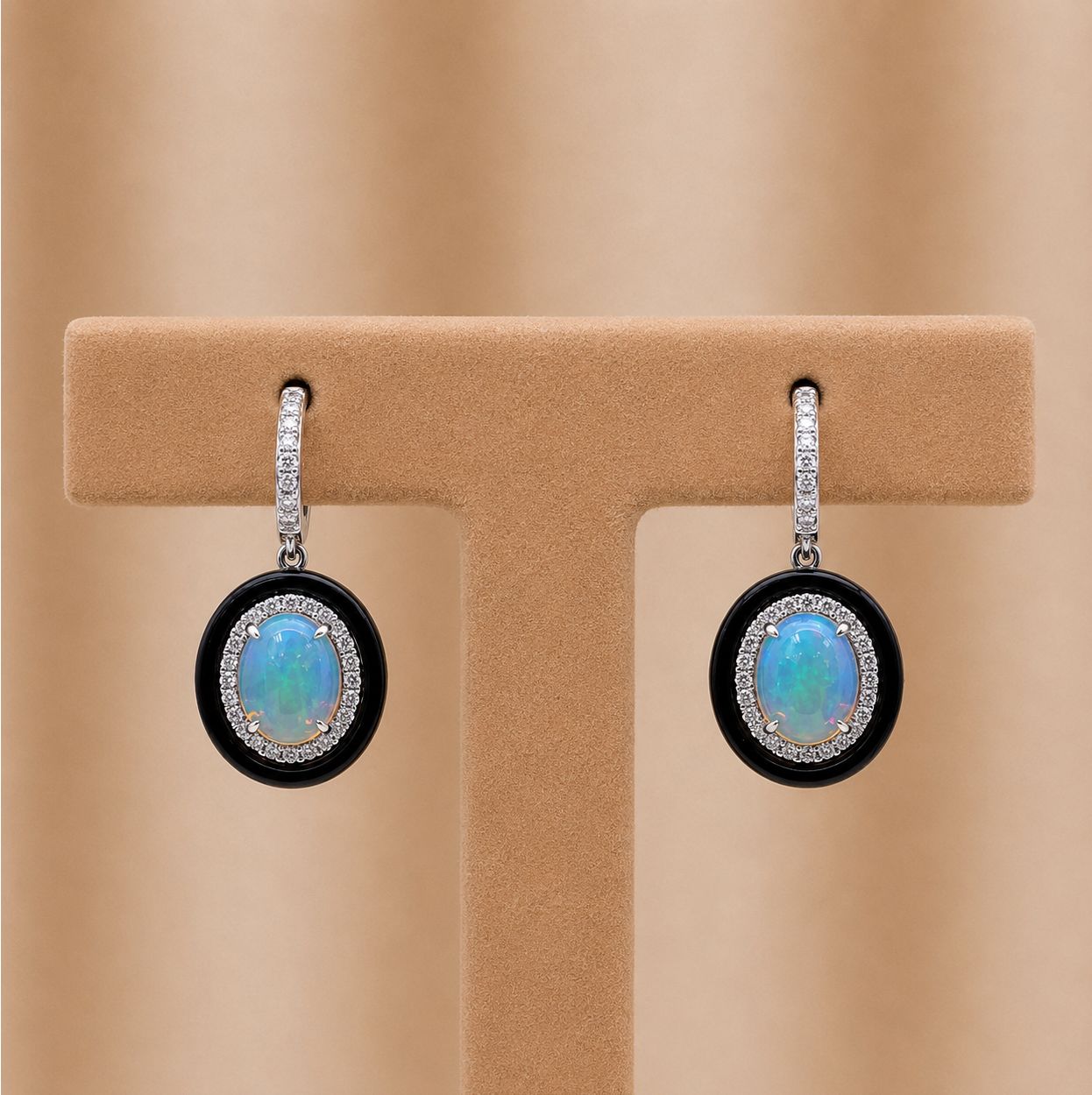 Oval Black Frame Opal Diamond Dangle Earrings