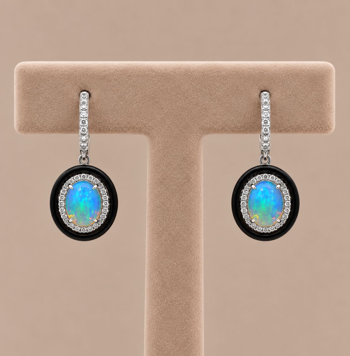 Oval Black Frame Opal Diamond Dangle Earrings