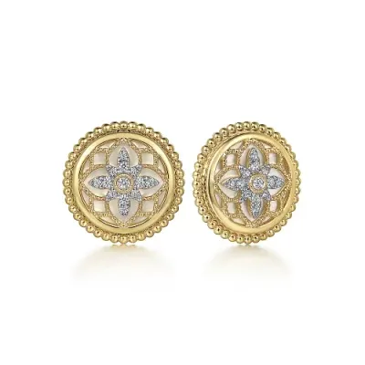 14K Yellow Gold Diamond and White Mother of Pearl Stud Earrings-Bujukan