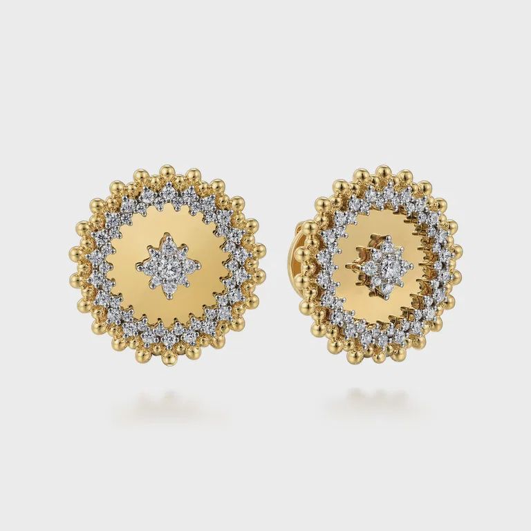 14K Yellow Gold Bujukan and Diamond Medallion Stud Earrings