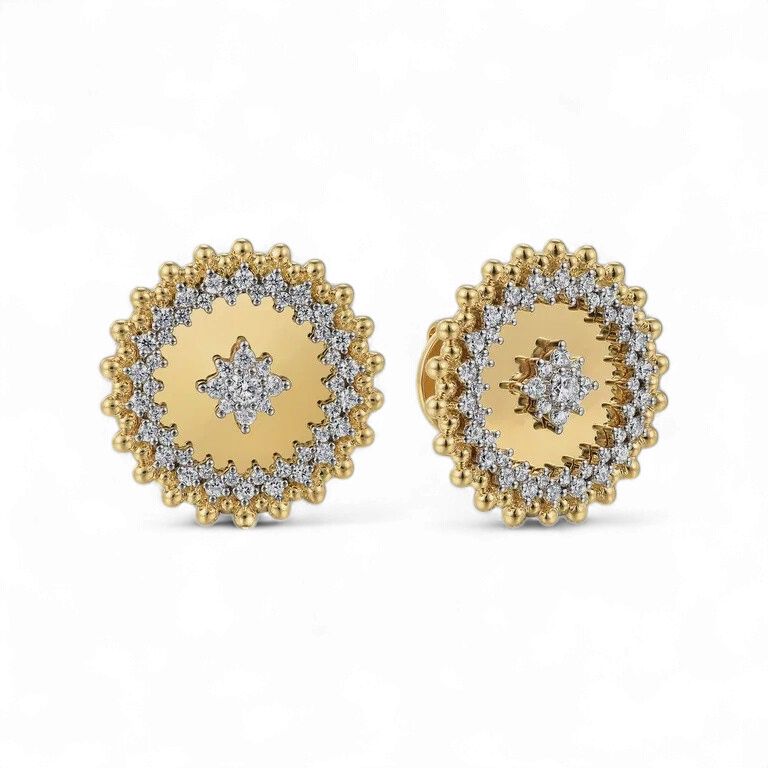 14K Yellow Gold and Diamond Medallion Stud Earrings-Bujukan