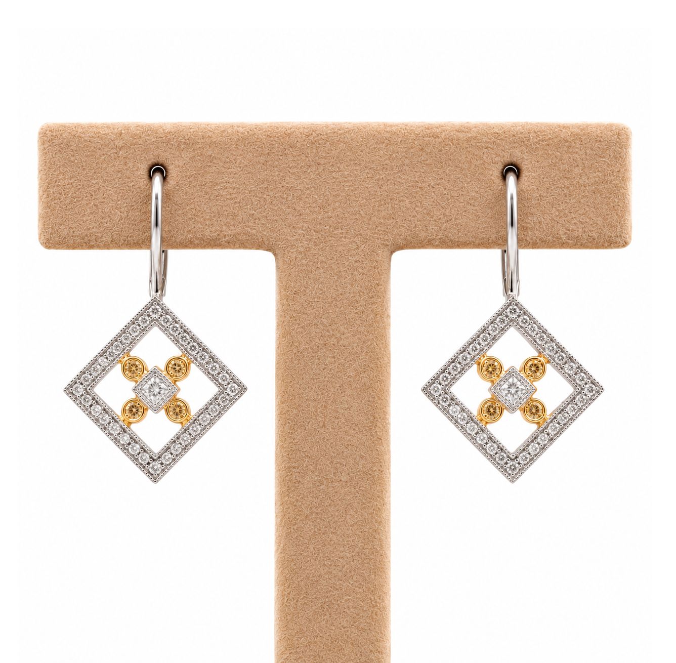 Two-Tone Square Cross Diamond Earrings