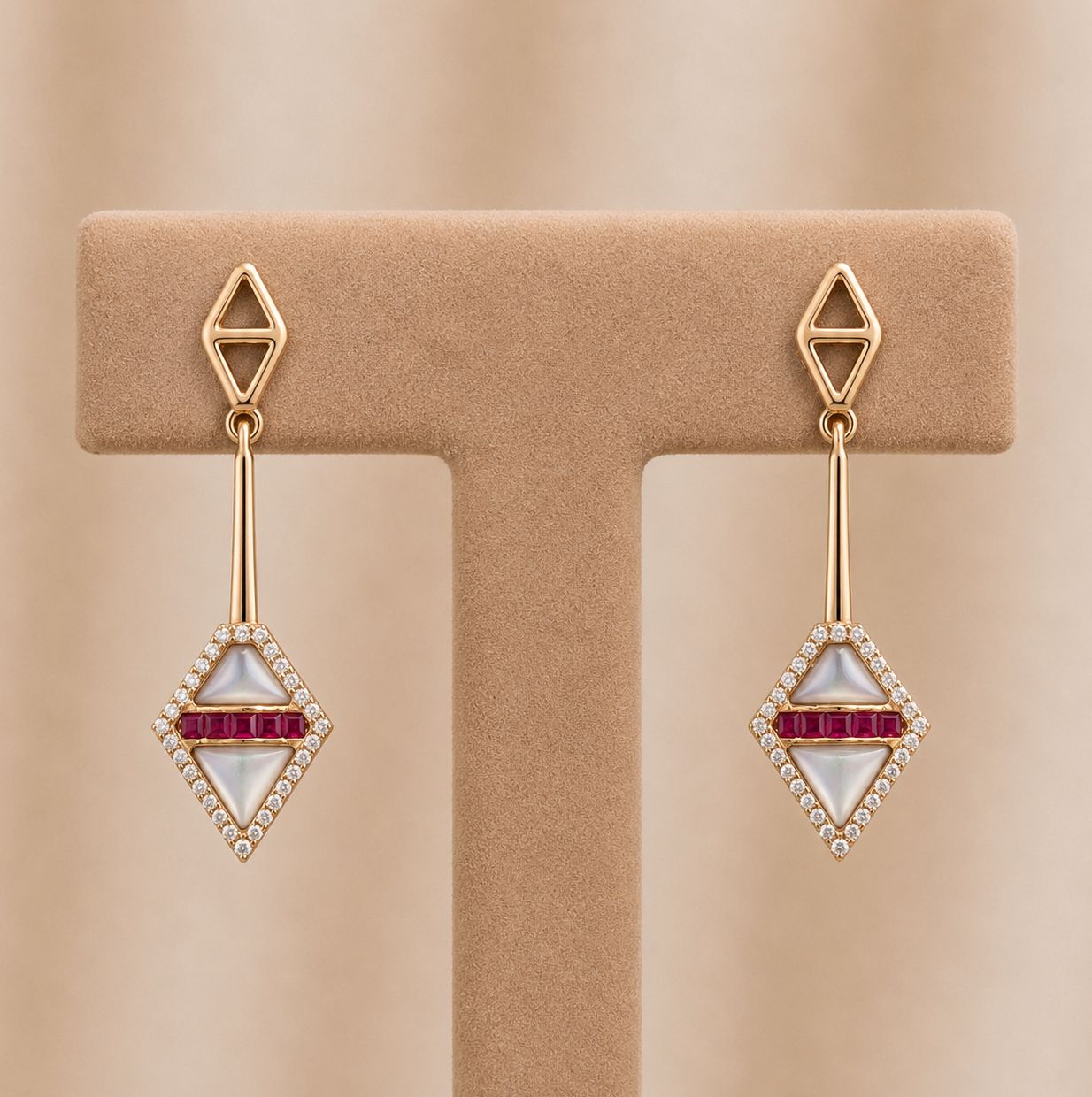 Mother of Pearl, Ruby Diamond Halo Kite Earrings