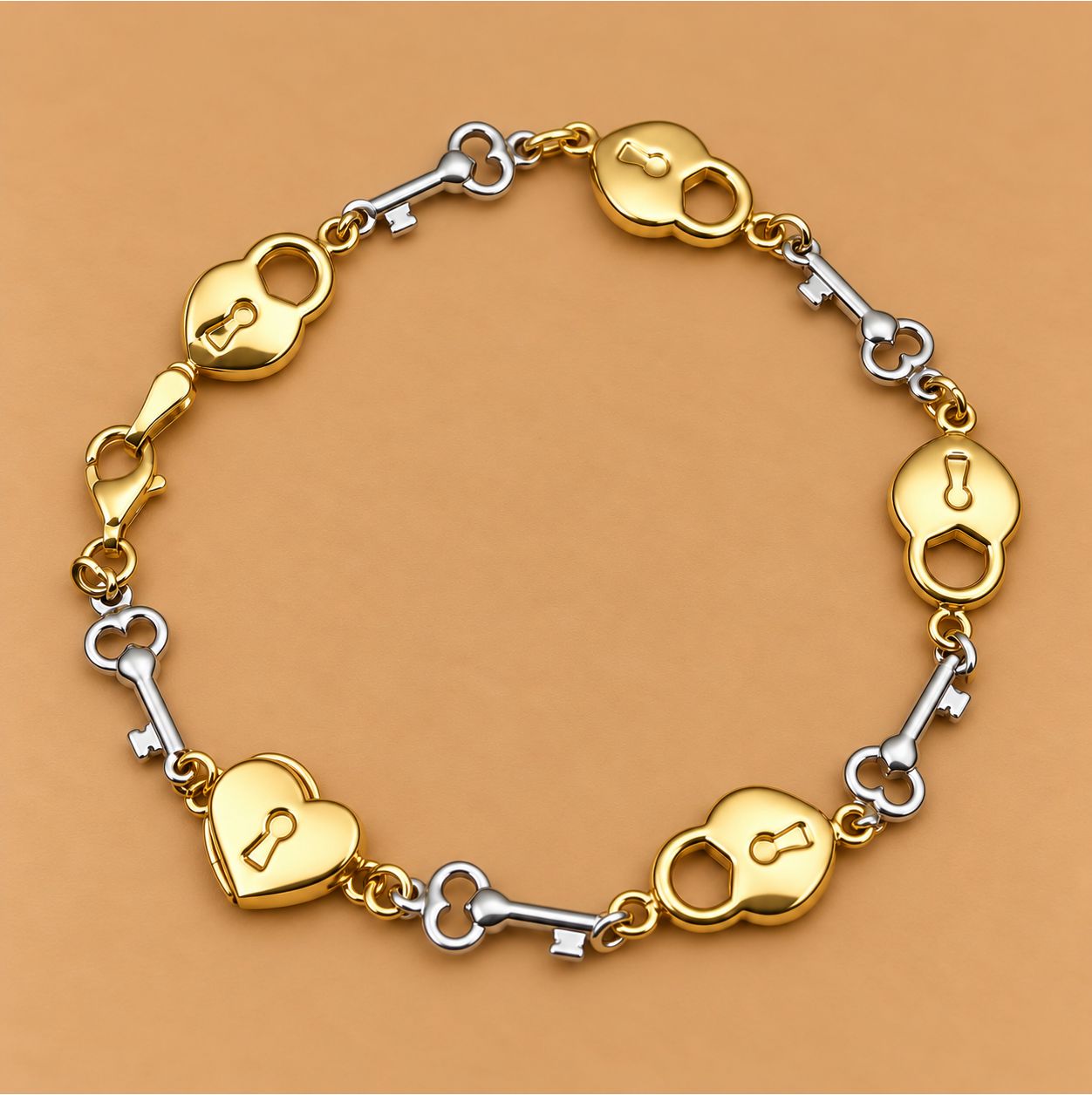 Gold Key and Locket Alternating Bracelet (3.6g)