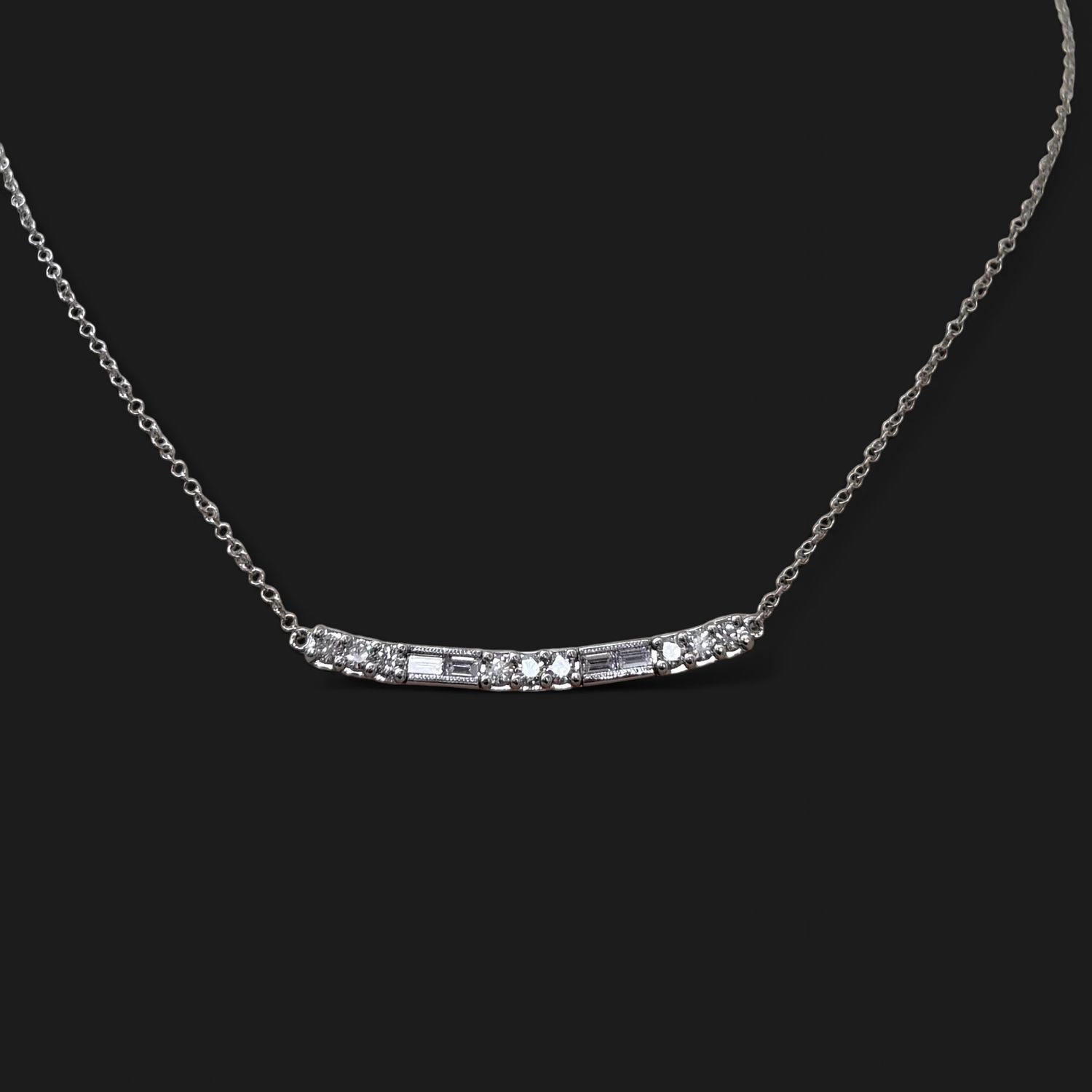 14KW Round &amp; Baguette Diamond Curved Bar Necklace