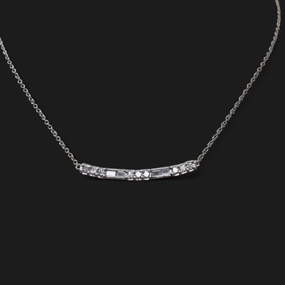 14KW Round &amp; Baguette Diamond Curved Bar Necklace