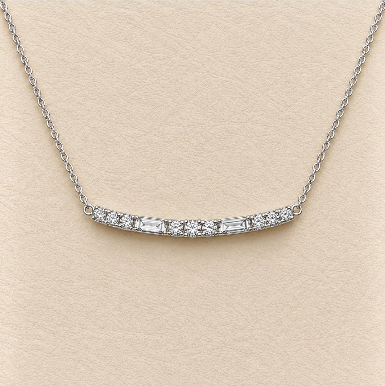 14KW Round &amp; Baguette Diamond Curved Bar Necklace