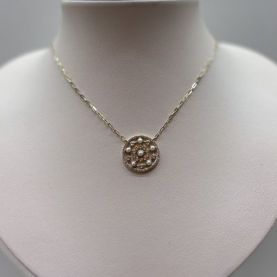14KY Flower of Life Diamond &amp; Pearl Pendant Bassali