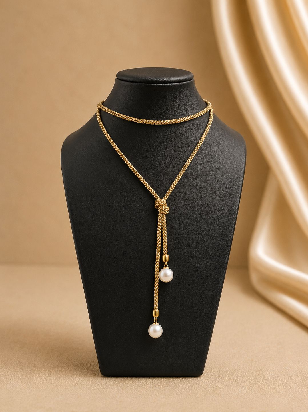 Yellow Gold Pearl Wrap Around And Tie Necklace