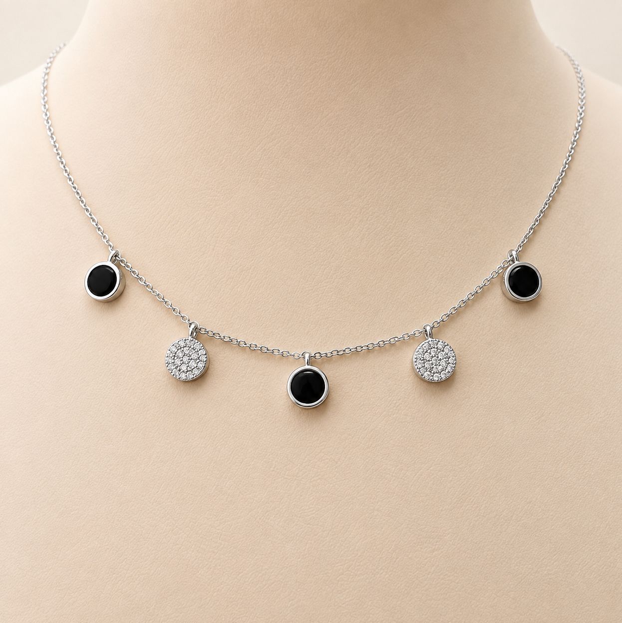 Onyx &amp; Diamond Circle Dangle Necklace