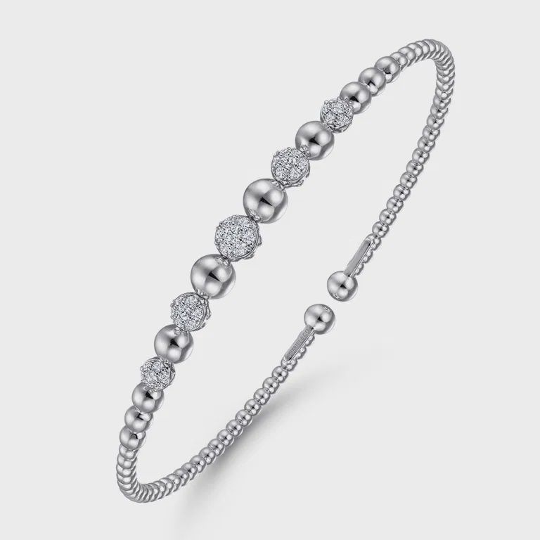 14K White Gold Bujukan Bead Cuff Bracelet with Pave Diamond Stations